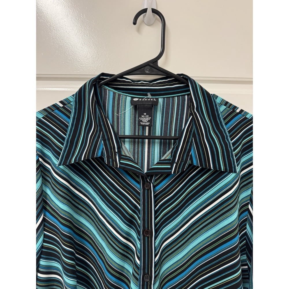 Maggie Barnes Teal Striped Blouse Top Plus Size 1X 18/20 Stretchy Button Down